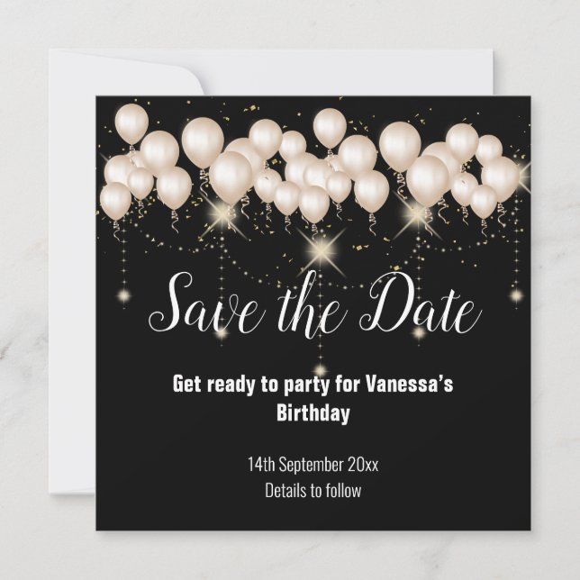 Black Cream Balloon Save the Date Card (Front)