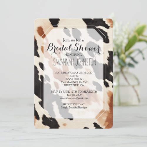 Black Cream Brown Cowhide Bridal Shower Invitation