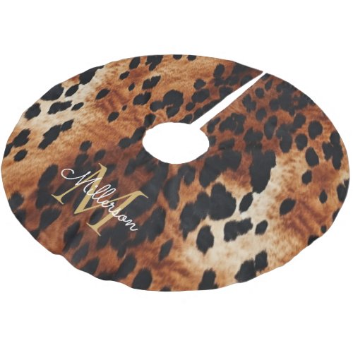 Black Cream Brown Cowhide Gold Monogram  Brushed Polyester Tree Skirt