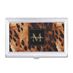 Black Cream Brown Cowhide Gold Monogram  Business Card Case