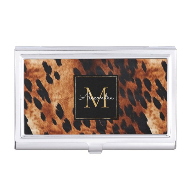 Black Cream Brown Cowhide Gold Monogram  Business Card Case (Front)