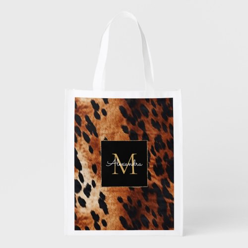 Black Cream Brown Cowhide Gold Monogram  Grocery Bag