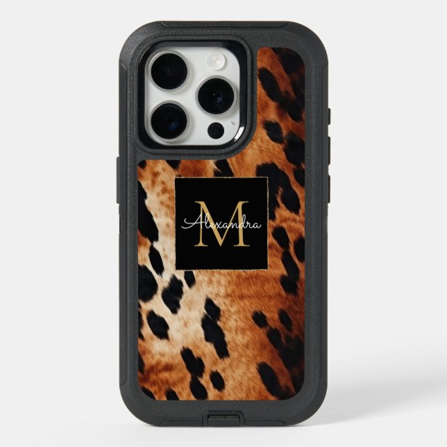 Black Cream Brown Cowhide Gold Monogram  iPhone 15 Pro Case (Back)