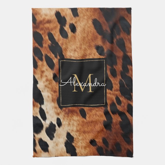 Black Cream Brown Cowhide Gold Monogram  Kitchen Towel (Vertical)