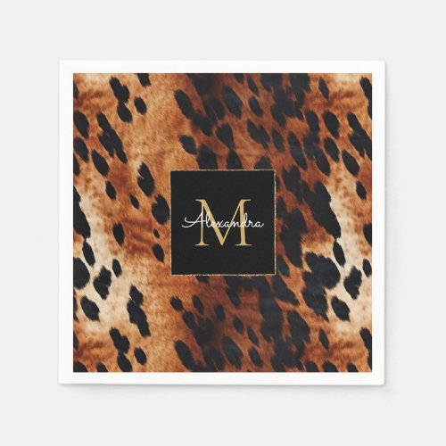 Black Cream Brown Cowhide Gold Monogram  Napkins