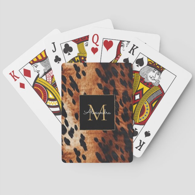 Black Cream Brown Cowhide Gold Monogram  Poker Cards (Back)