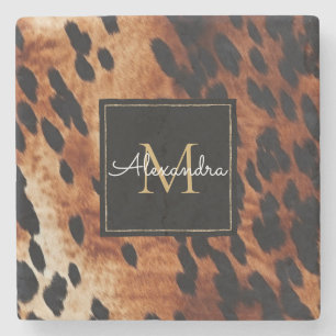 Black Cream Brown Cowhide Gold Monogram Stone Coaster