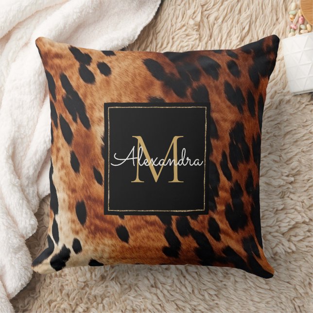 Black Cream Brown Cowhide Gold Monogram  Throw Pillow (Blanket)