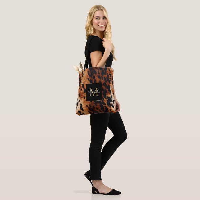 Black Cream Brown Cowhide Gold Monogram  Tote Bag (On Model)