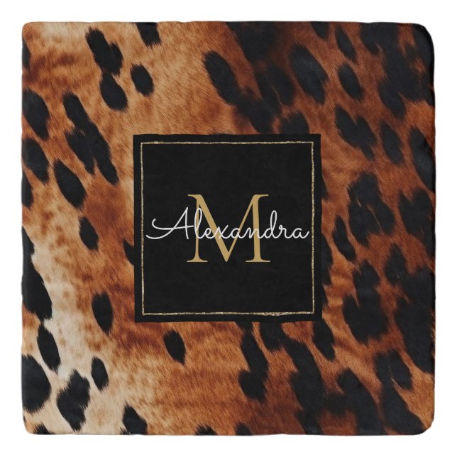 Black Cream Brown Cowhide Gold Monogram  Trivet (Front)