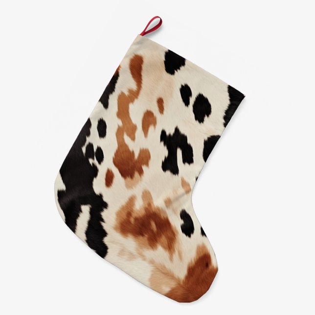 Black Cream Brown Cowhide  Large Christmas Stocking (Front (Hanging))