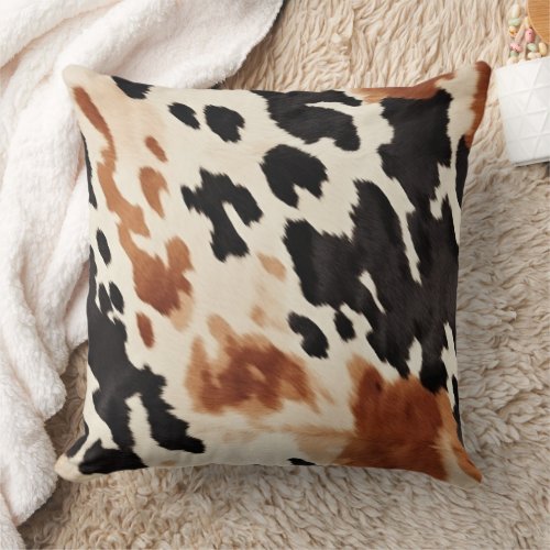 Black Cream Brown Cowhide   Throw Pillow