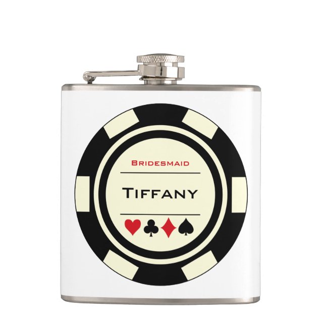 Black Cream Casino Poker Chip Wedding Bridesmaid Flask (Front)