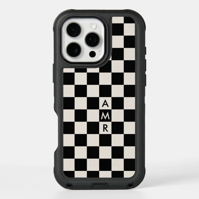 Black Cream Checkered Pattern Monogram Otterbox iPhone Case (Back)