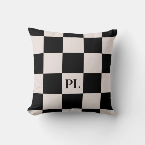 Black  Cream Chessboard Pattern Monogram Throw Pillow