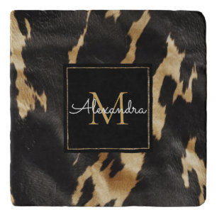 Black Cream Cowhide Gold Monogram Trivet