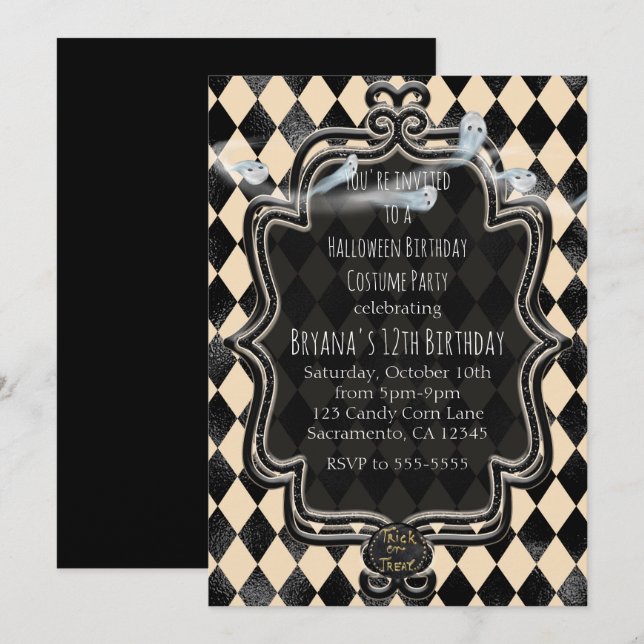 Black & Cream Diamond Halloween Party Invitation (Front/Back)
