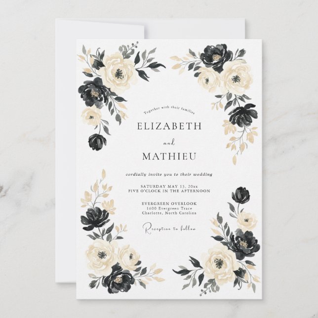 Black Cream Dramatic Botanical Wedding Invitation (Front)