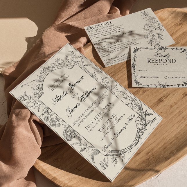 Black Cream Floral Boho Botanical Modern Wedding Invitation (Creator Uploaded)