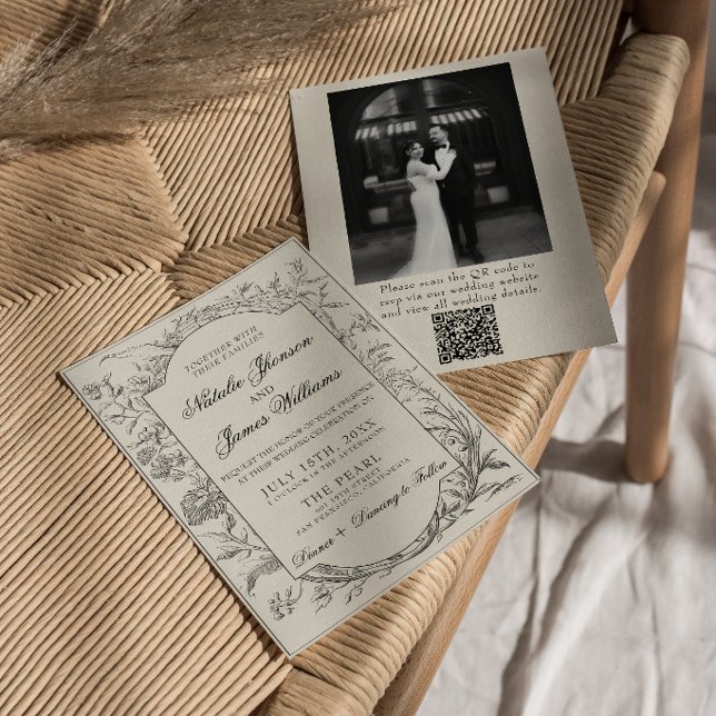 Black Cream Floral Botanical QR Code Photo Wedding Invitation (Creator Uploaded)