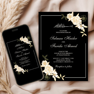 Black Cream Floral Leaves Branch Muslim Wedding Invitation