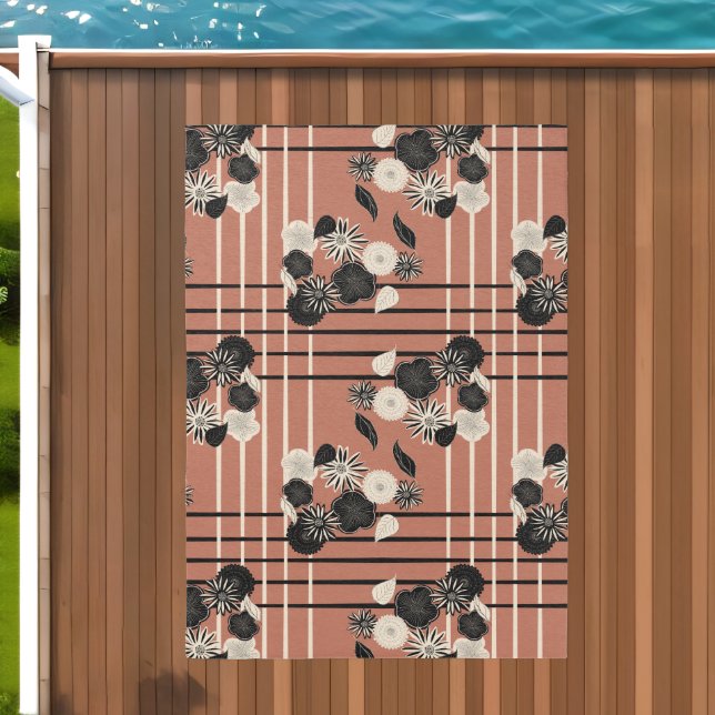 Black Cream Flowers on Terra Cotta Plaid Outdoor Rug (Insitu (Outdoor 2))