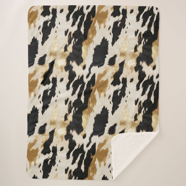 Black Cream Gold Southwest Cowhide Sherpa Blanket (Front)