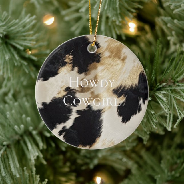 Black Cream Gold Western Cowhide Ceramic Ornament (Tree)
