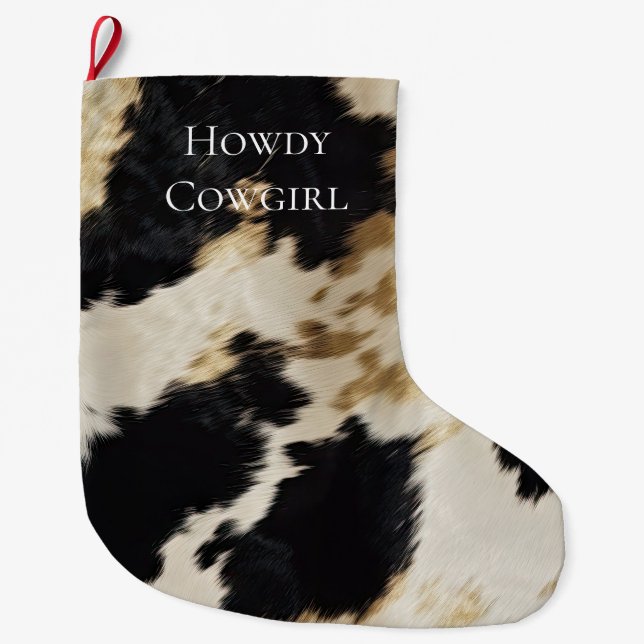 Black Cream Gold Western Cowhide Large Christmas Stocking (Front)