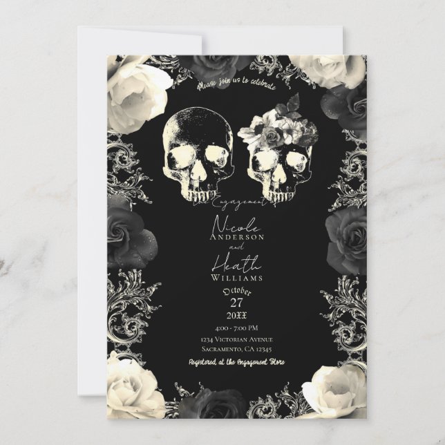 Black Cream Grey Skeleton Skull  Engagement Party Invitation (Front)