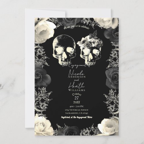 Black Cream Grey Skeleton Skull  Engagement Party Invitation