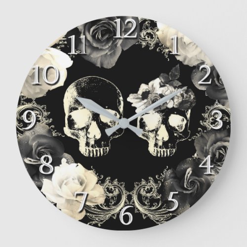 Black Cream Grey Skeleton Skull Gothic Glam Large Clock
