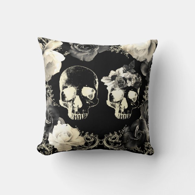 Black Cream Grey Skeleton Skull Gothic Glam Throw Pillow (Front)
