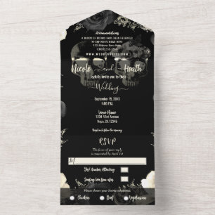 Black Cream Grey Skeleton Skull Gothic Wedding All In One Invitation