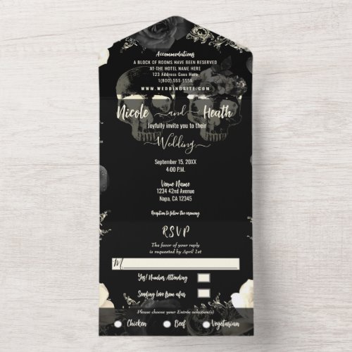 Black Cream Grey Skeleton Skull Gothic Wedding    All In One Invitation