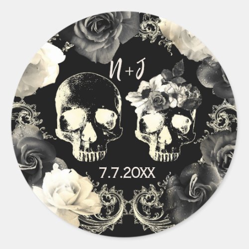 Black Cream Grey Skeleton Skull Gothic Wedding    Classic Round Sticker