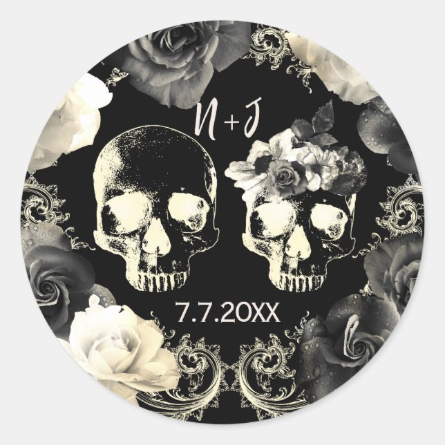 Black Cream Grey Skeleton Skull Gothic Wedding    Classic Round Sticker (Front)