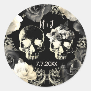 Black Cream Grey Skeleton Skull Gothic Wedding Classic Round Sticker
