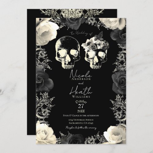 Black Cream Grey Skeleton Skull Gothic Wedding    Invitation