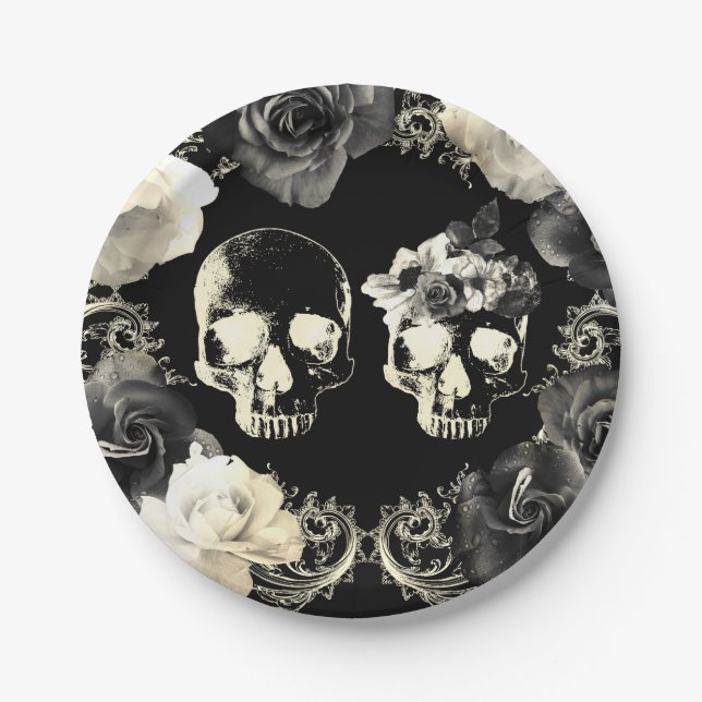 Black Cream Grey Skeleton Skull Gothic Wedding    Paper Plates (Front)