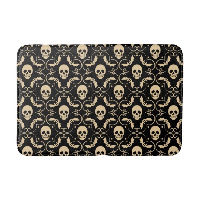 Black & Cream Halloween Skulls & Bats Bath Mat (Front)