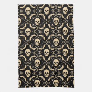 Black & Cream Halloween Skulls & Bats Kitchen Towel