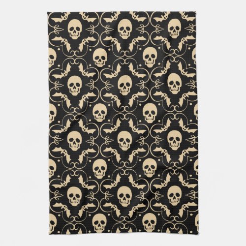 Black  Cream Halloween Skulls  Bats Kitchen Towel