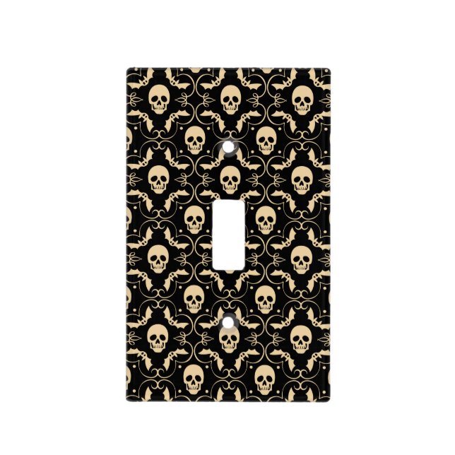 Black & Cream Halloween Skulls & Bats Light Switch Cover (Front)