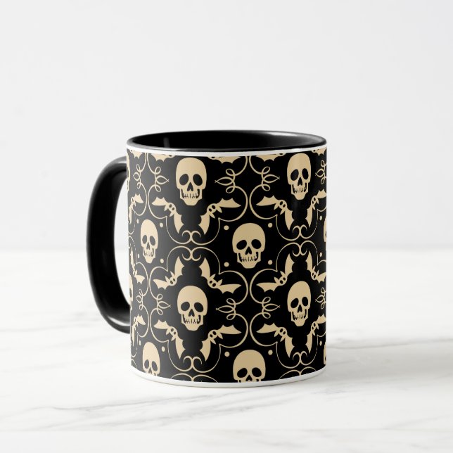 Black & Cream Halloween Skulls & Bats Mug (Front Left)