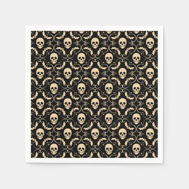 Black & Cream Halloween Skulls & Bats Party Napkins (Front)
