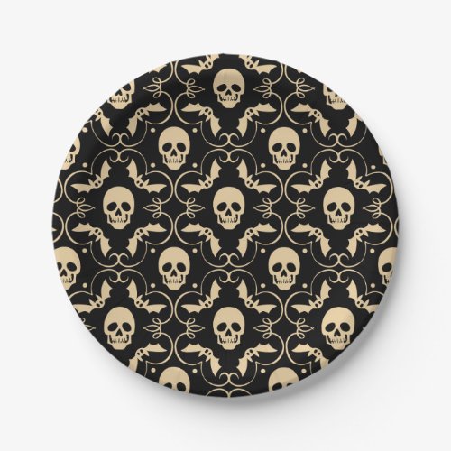 Black  Cream Halloween Skulls  Bats Party Paper Plates