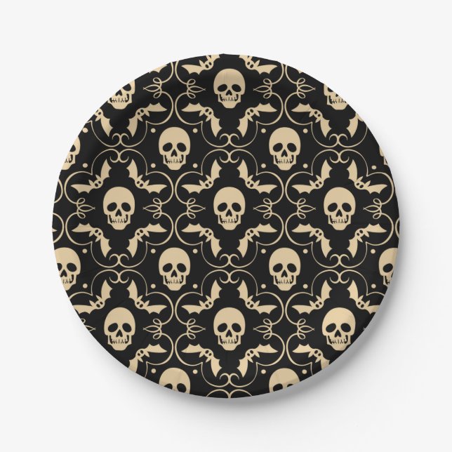 Black & Cream Halloween Skulls & Bats Party Paper Plates (Front)