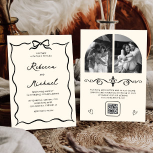 Black & Cream Hand Drawn Bow QR Code Photo Wedding Invitation