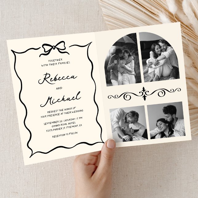 Black Cream Hand Drawn Bow QR Code Photo Wedding Invitation (Creator Uploaded)